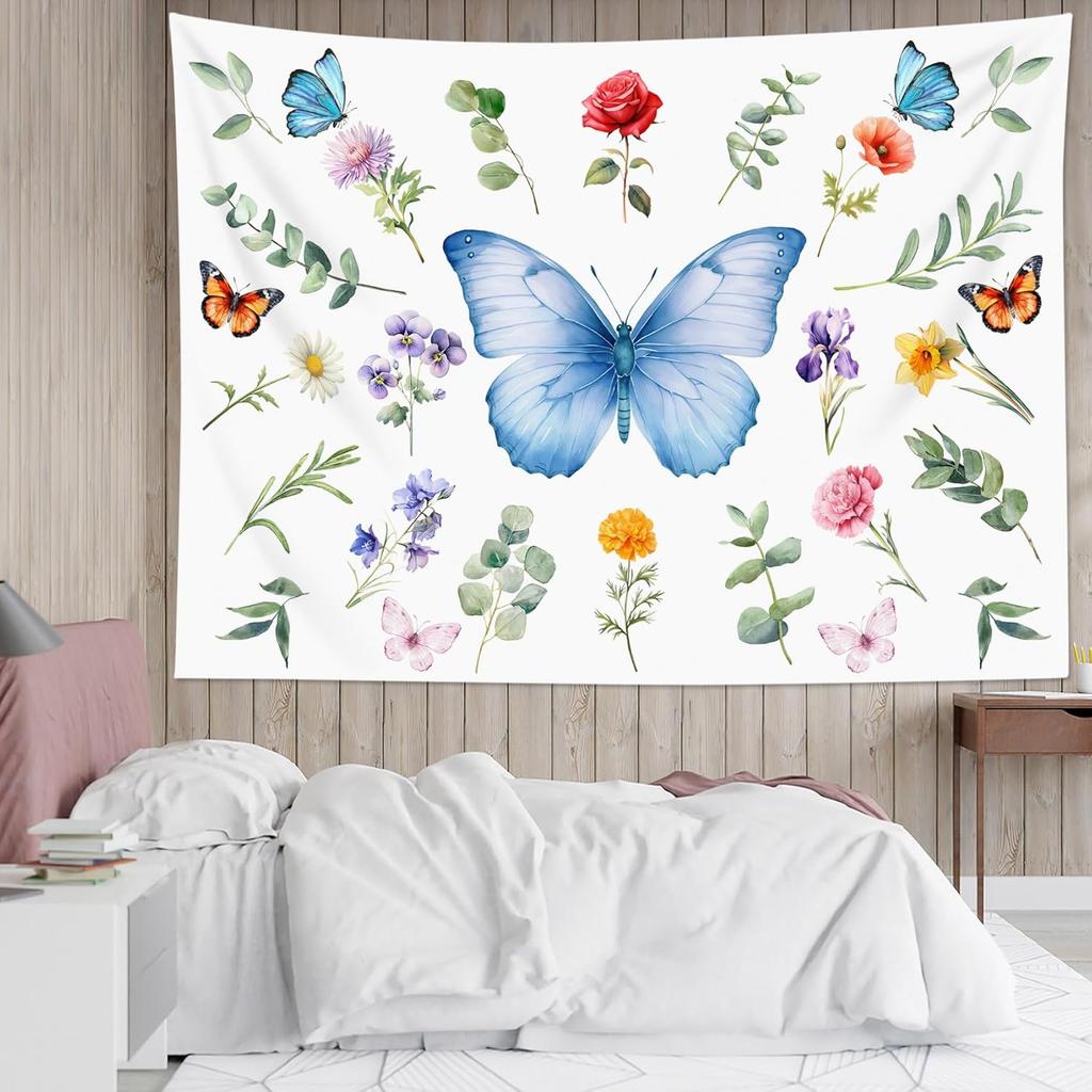 Butterfly Plant Tapestry for Bedroom, Girly Floral Blue Wall Tapestry, Leaf and Flower Botanical Tapestries Wall Hanging for