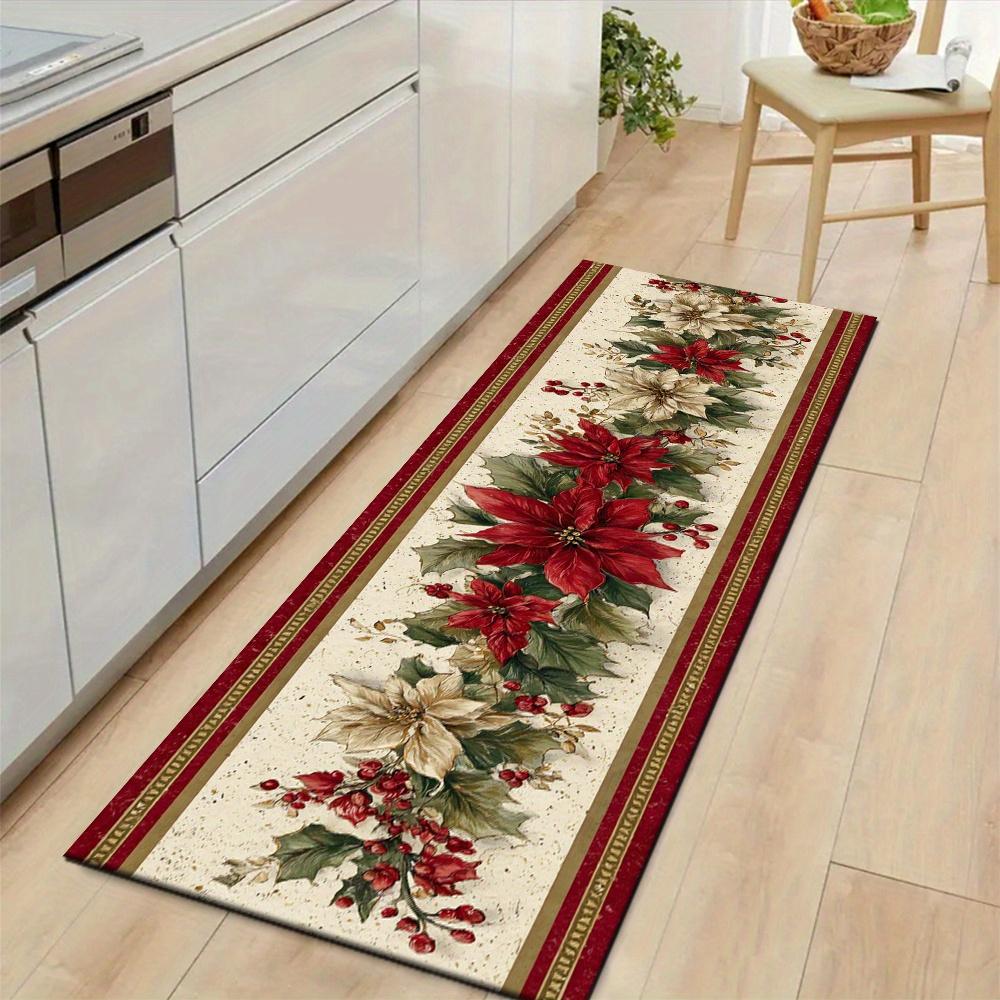 1Pcs Red White Flowers Green Leaves It Non-Slip Washable Area Rug Runner for Entryway, Living Room, Bedroom & Patio