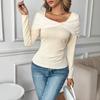 YYFS Women's Fashion Casual Spring Autumn Solid Color Print Long Sleeve U-Neck Blouses & Shirts