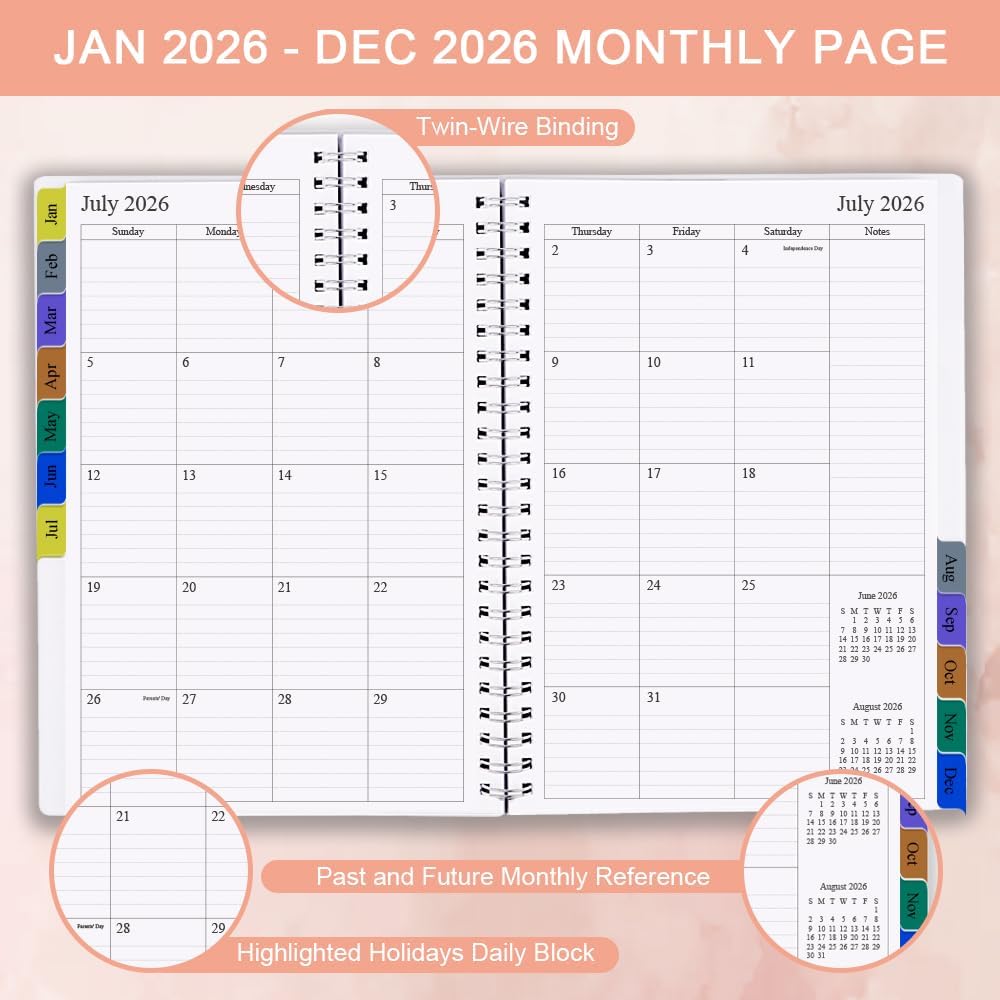 2026 Planner - Weekly & Monthly Planner Runs January 2026 to December 2026, 6.25" x 8.25", 12 Monthly Tabs, 14 Notes Pages, Inner Pocket, Flexible