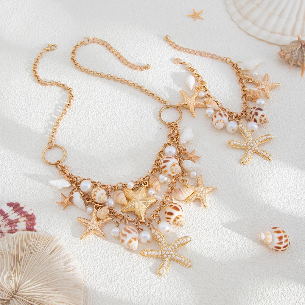 Boho Ocean Starfish Conch Tassel Pendant Choker Necklace Chain Bracelet Summer Beach Vacation Jewelry Set Gift