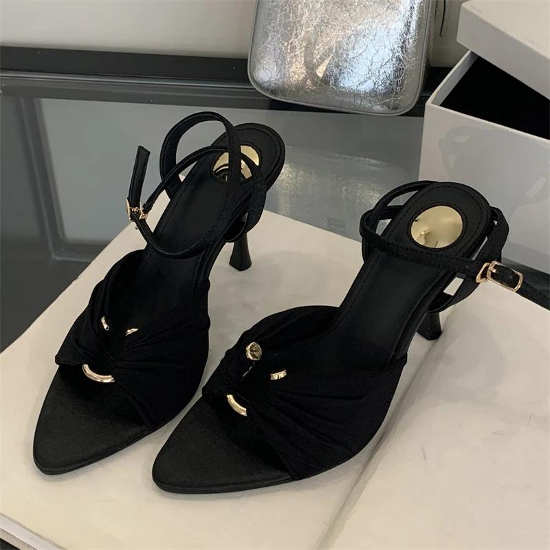 

Fashion Sexy Pleated Hollow Out Buckle Strap Women Sandals Summer Pointed Toe Thin High Heels Banquet Party Female Shoes 35