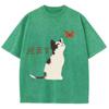 Fit Washed Oversized T-Shirt Casual Women Cotton Washed T-Shirts Summer Beach Simple Cat Print Streetwear Clothes