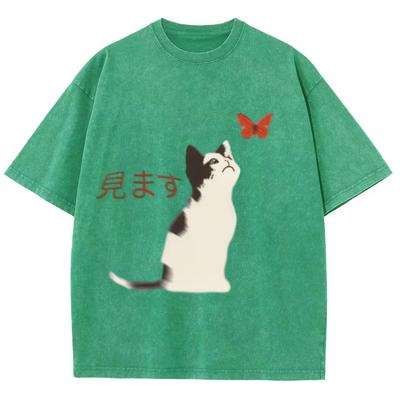 Fit Washed Oversized T-Shirt Casual Women Cotton Washed T-Shirts Summer Beach Simple Cat Print Streetwear Clothes