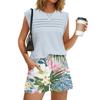 Women’s Casual Round Neck Pleated Top and Hawaiian Print Shorts Two Piece Set Sleeveless Relaxed Fit Summer Outfit