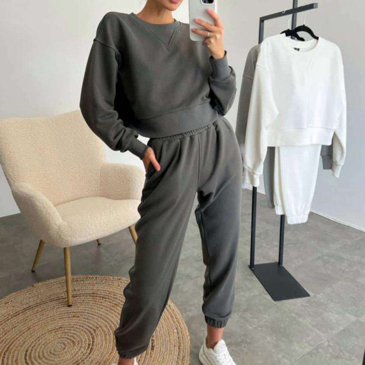

European & American Women s 2024 Spring/Summer Solid Color Casual Long Sleeve Set Small темно-сірий