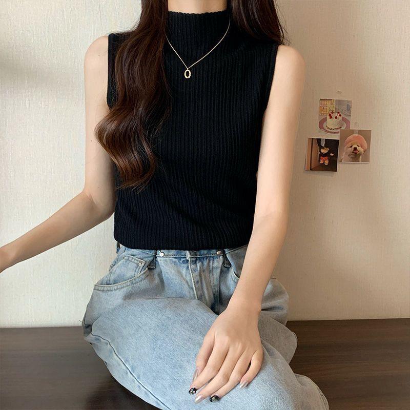 

Turtleneck Sleeveless Vest Top Summer Slim - Fit Base Layer Ribbed Versatile S чорний