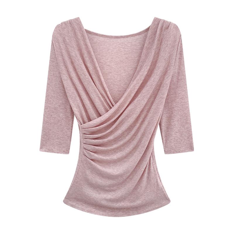 Women's Slim-Fit Tencel Wool V-Neck Mid-Sleeve Top - Korean Style, Spring/Summer 2026 Collection