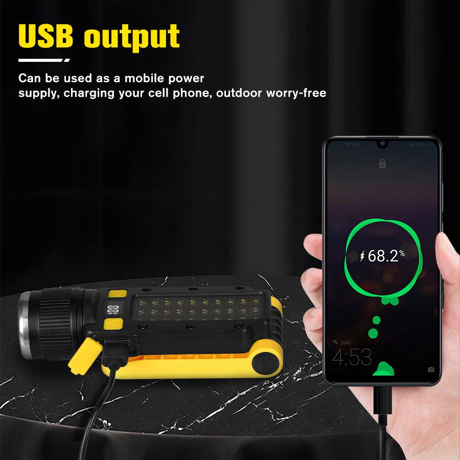 Portable LED COB Work Light Rechargeable Flashlight Power Bank Magnetic Waterproof Camping Foldable Lantern with Power Display