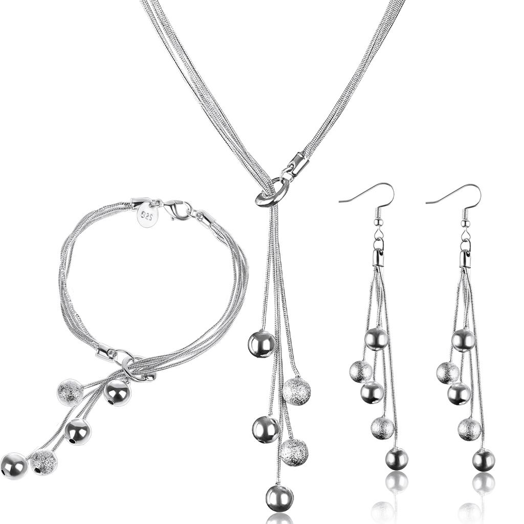3 Pack Italian Silver Chain Necklace For Ladies, Long Five-Line Chain Frosted Smooth Beads Line Necklace Link Chain Bracelet Fro