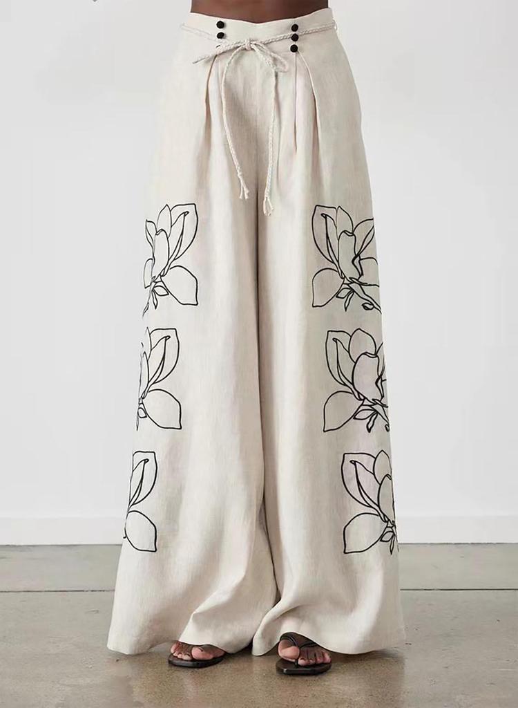 High-End Fashionable Cotton Linen Embroidery Wide-Leg Pants Suit for Women