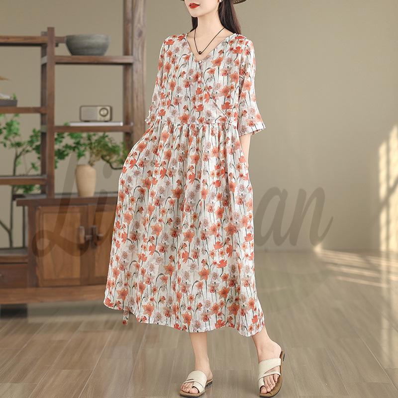 2026 Summer Retro Floral Print Dress - Elegant Long Skirt for Women L
