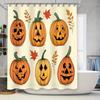 Gruslicher Halloween-Kürbis-Duschvorhang für Badezimmerdeko Design mit orangefarbenen Herbstblättern