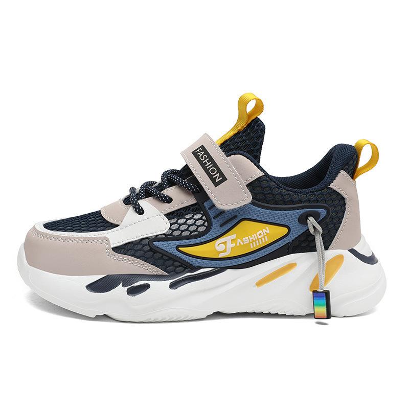 Boys shoes 2025 autumn new double mesh leather surface breathable hollow children's sports shoes medium older boys running shoes