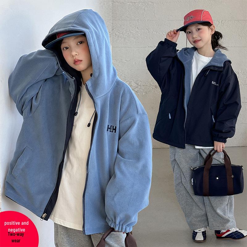 Girls' Korean Style Reversible Hooded Windbreaker: Trendy Spring/Autumn Jacket for Big Girls