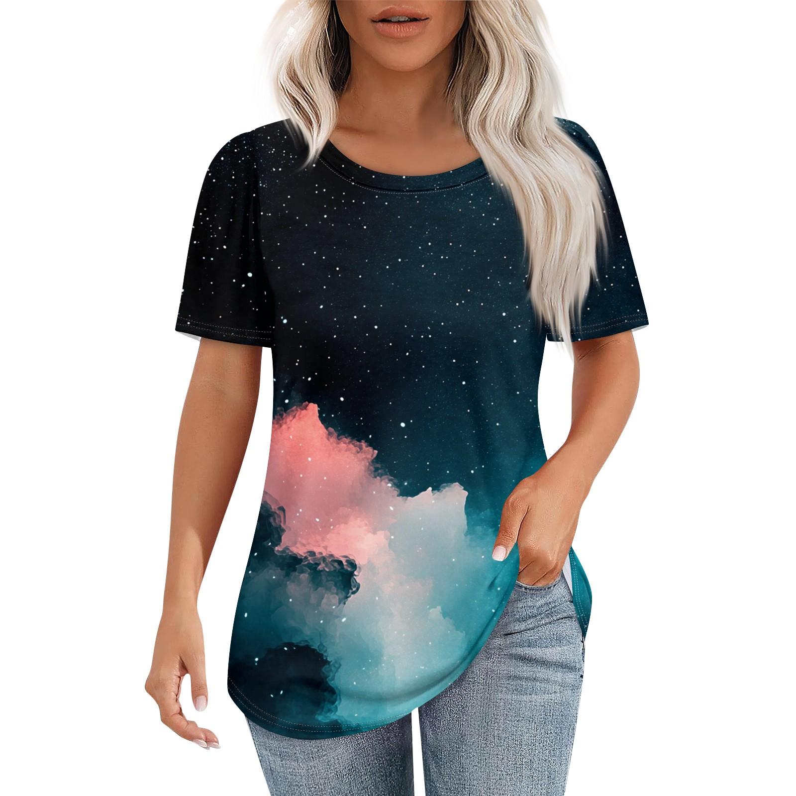 

Women s Sky Printed Fashion Casual Round Neck Short Sleeve T-shirt Top M синий