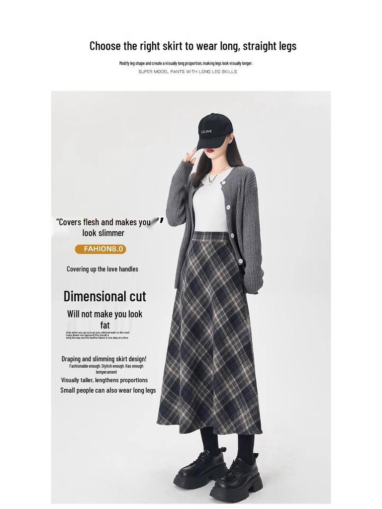 Women's Plaid A-line Skirt: Mid-Length, Thickened for Autumn/Winter 2025, Slimming Fit.