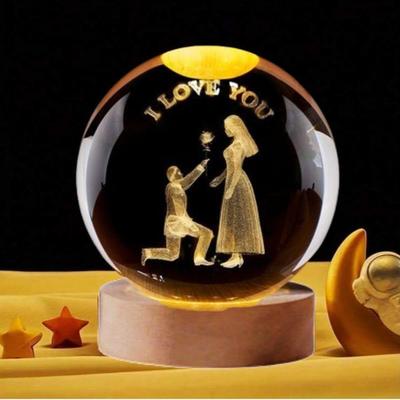 Crystal Love You Lamp for Couples Engraved Crystal Ball LED Night Light with Wooden Base - USB Powered Glass Ball Led Night Light