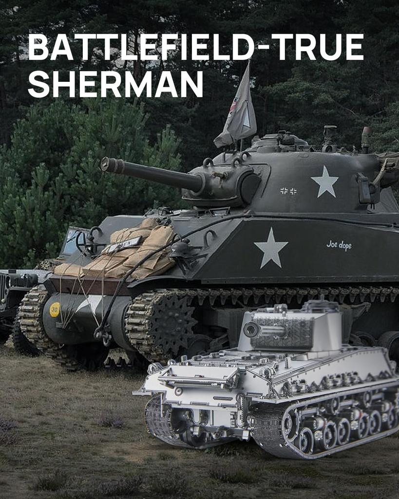 Piececool M4 Sherman Medium Tank 3D Puzzle Assembly No Glue Needed Difficulty 4 Stars Suitable for Adults Collectible (Metal) - Required, - Level