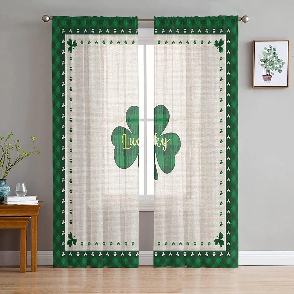 St Patrick Day Clover Lucky Leaves Voile Curtain Living Room Bedroom Kitchen Window Decor Tulle Chiffon Curtains Sheer Polyester Ideal For Area