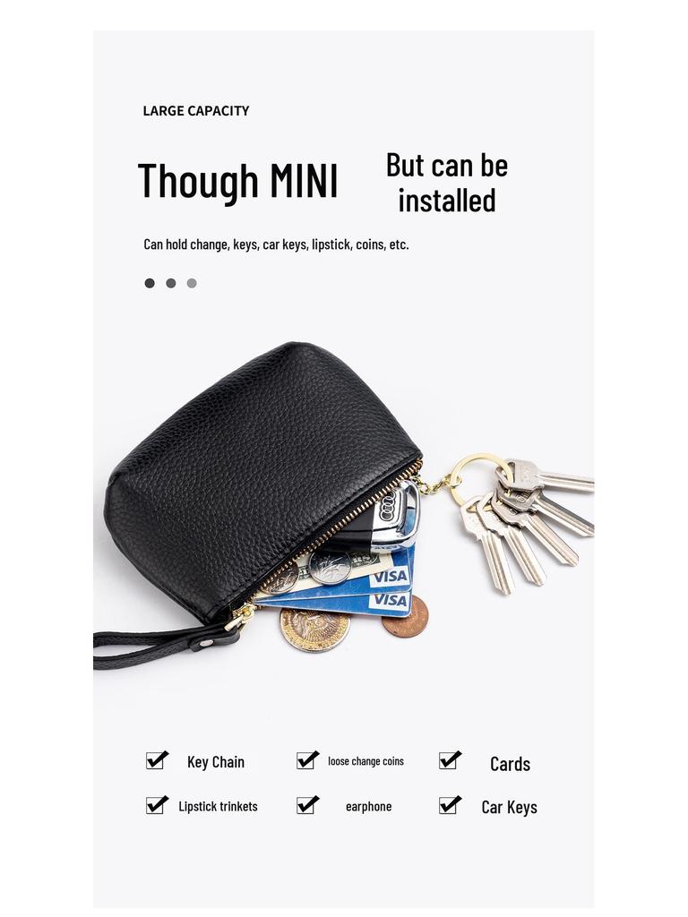 Women's Genuine Leather Coin & Key Purse - Cowhide Zipper Wallet