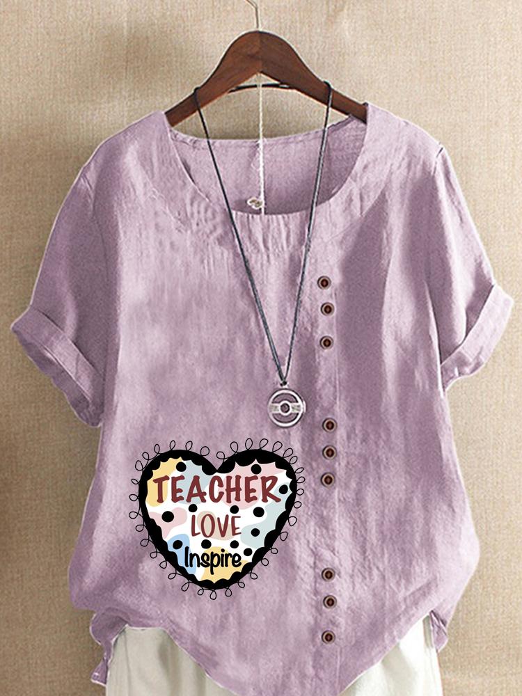 Women's Fashion Love Letter Print Shot Sleeve T-shirt Loose Cotton Shirt Casual Loose Summer Blouse Tops Plus Size