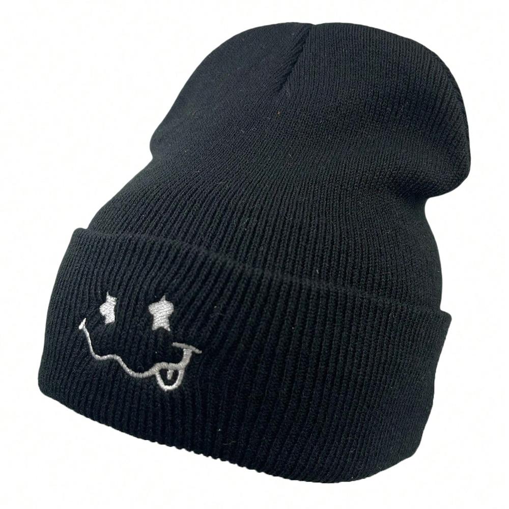 1pc Cute Expression Embroidered Knitted Hat Winter Warm And Versatile Couple Hats For Men And Women