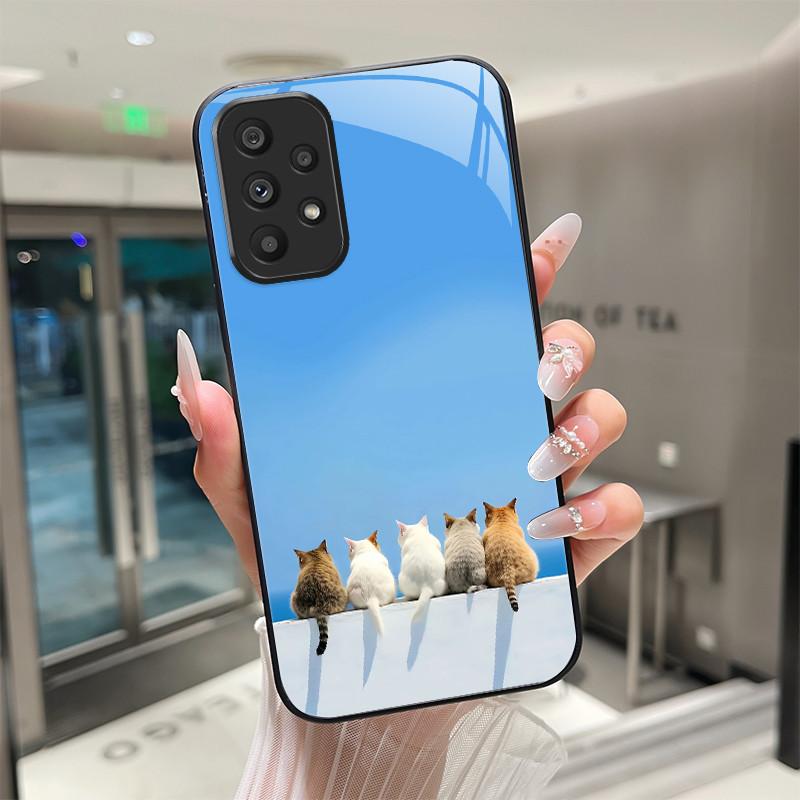 Süße Cartoon-Katzen Blumen Hülle Für Samsung Galaxy A52 A52S A72 4G 5G Gehärtetes Glas Handyhülle Schutzhülle Rückseite Hartschale