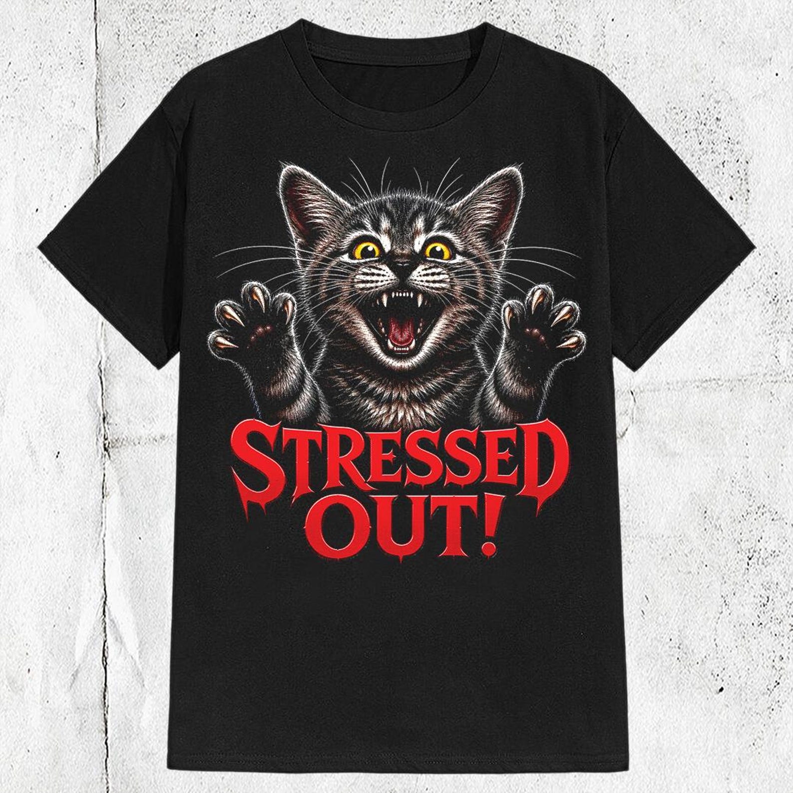 Stressed Out Cat Funny Black Cat Spooky Halloween Cat Horror Cat Lover T shirt XL