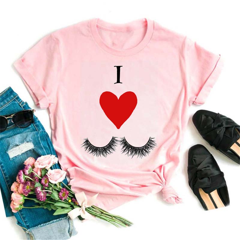Maycaur Fashion Graphic Women Tops Eyelashes Print Kawaii Lashes Women T Shirt Tee Funny Makeup Aesthetic Shirt Camisas Mujer