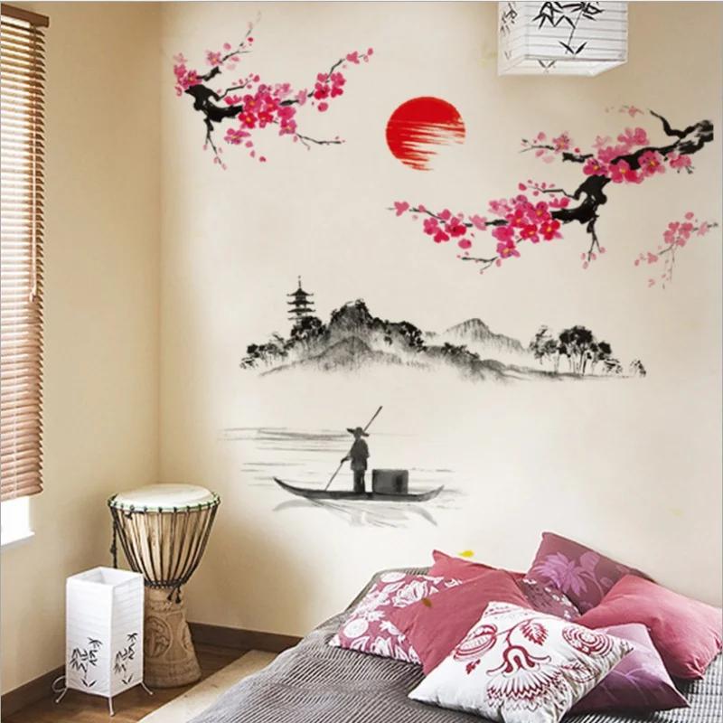 Plum Sunrise Landscape Chinese Style Art Wall Stickers Living Room Bedroom Background for Home Decoration Mural Decals Wallpaper
