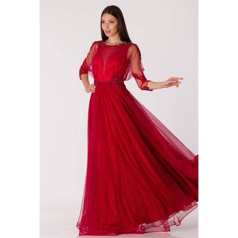 

Сверкающее прозрачное вечернее платье с широким вырезом бордово-красное