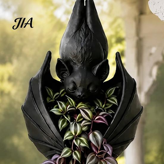 Dark Aesthetic Home Decor Hanging Bat Plant Pot, Creative Gothic Planter, Halloween Artistic Three Dimensional Carving Planter Decorative Container