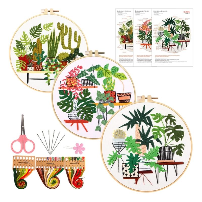 3Sets Leaf Flower Embroidery Set with Embroidery Pattern Beginner Embroidery Set with Instructions Stitching Supplies