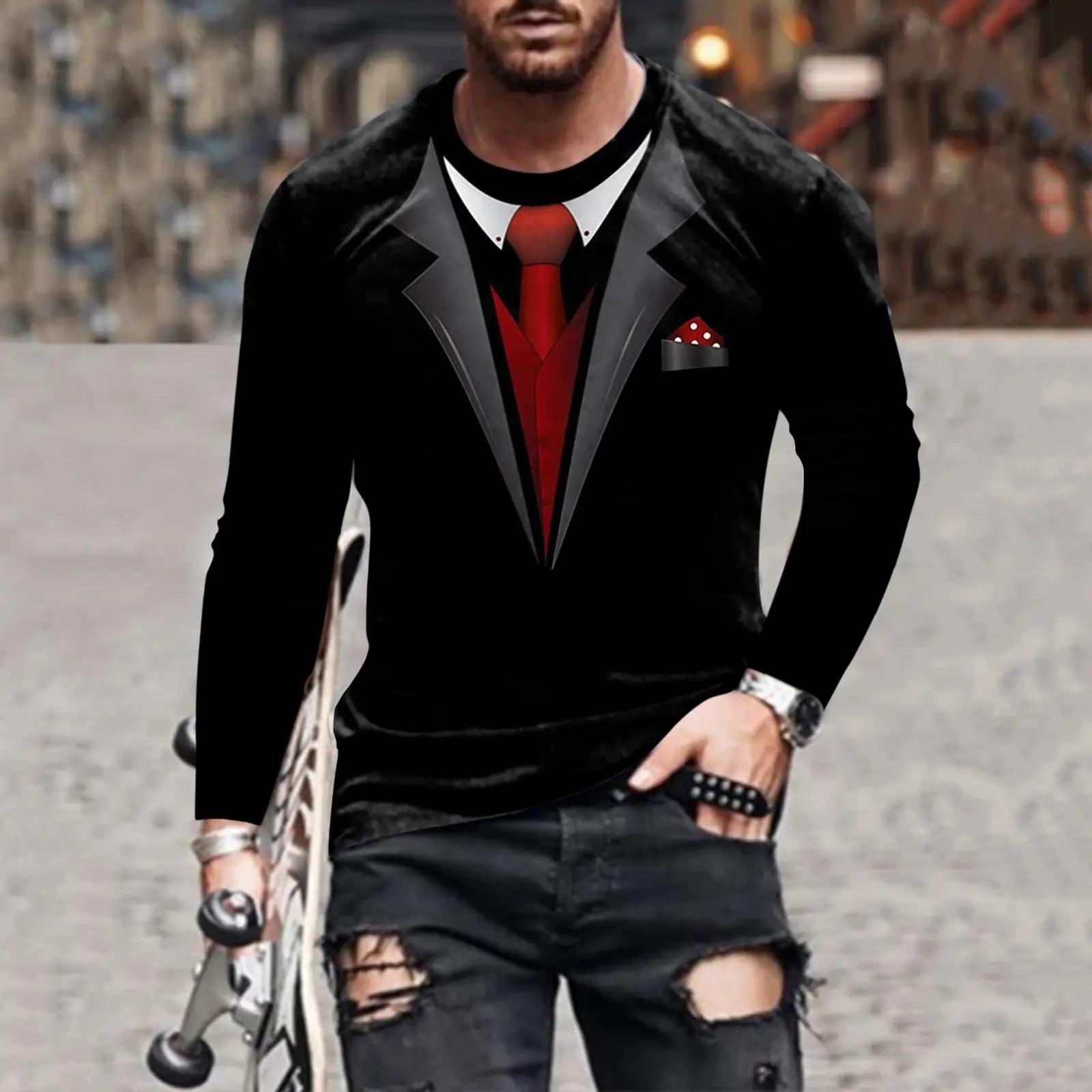 

Весенне-осенний костюм для отпуска, мужская футболка с длинным рукавом с принтом банта, фрак, галстук, круглый вырез, большой размер, удобный, длинный рукав 5XL