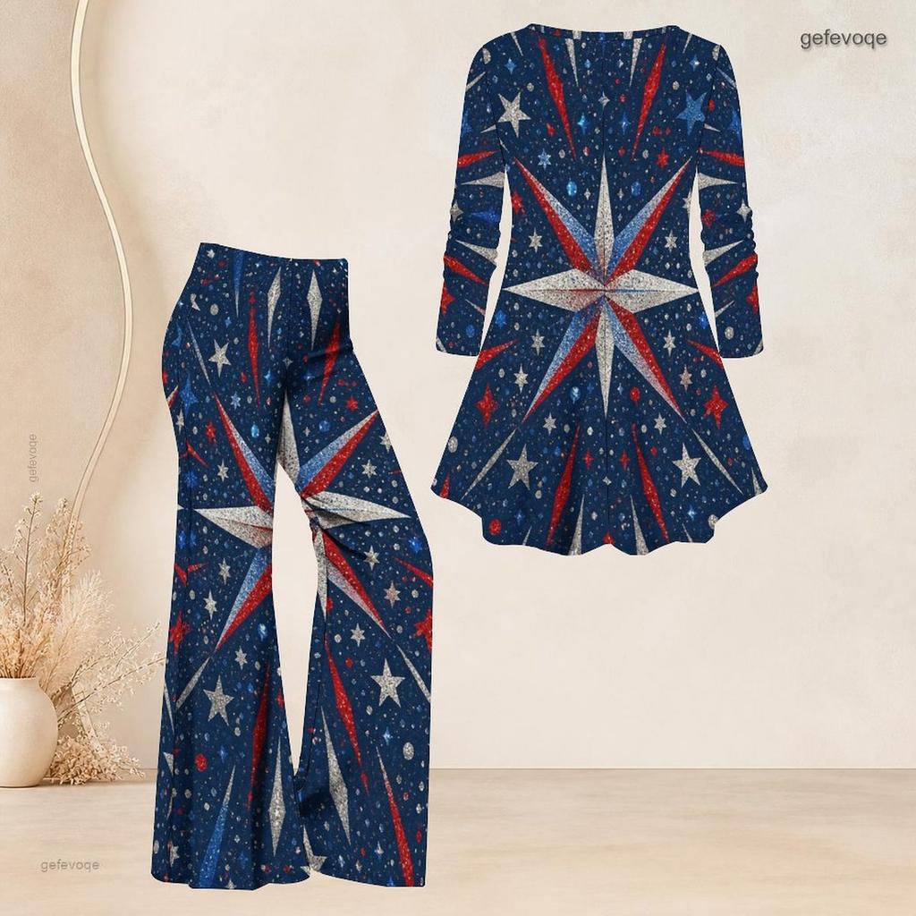 Women Plus Size Two Piece Set V Neck Long Sleeve Star Printed Flared Top And Flared Pants White Red Blue