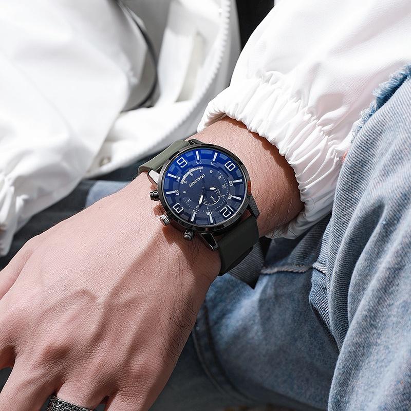 Gj083 Men's Casual Quartz Silicone Watch Decorative Blue Glass Stainless Steel Clasp Characters)