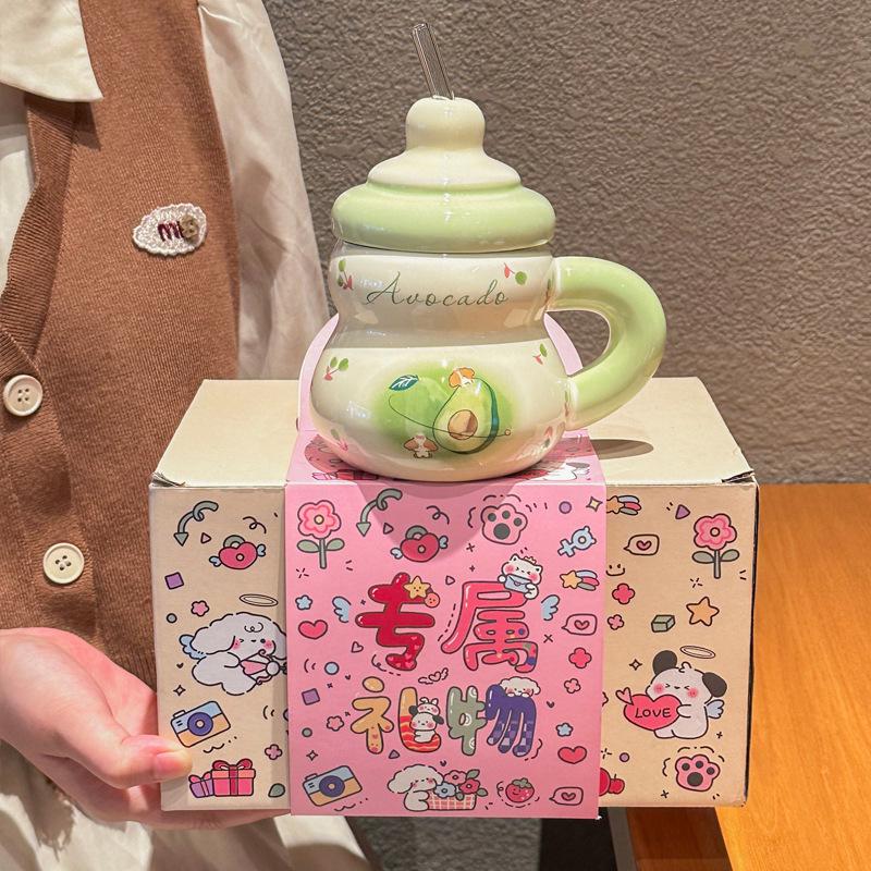 Super cute strawberry straw drinking cup for girls' birthday cup ceramic mug with lid girlfriend souvenir gift