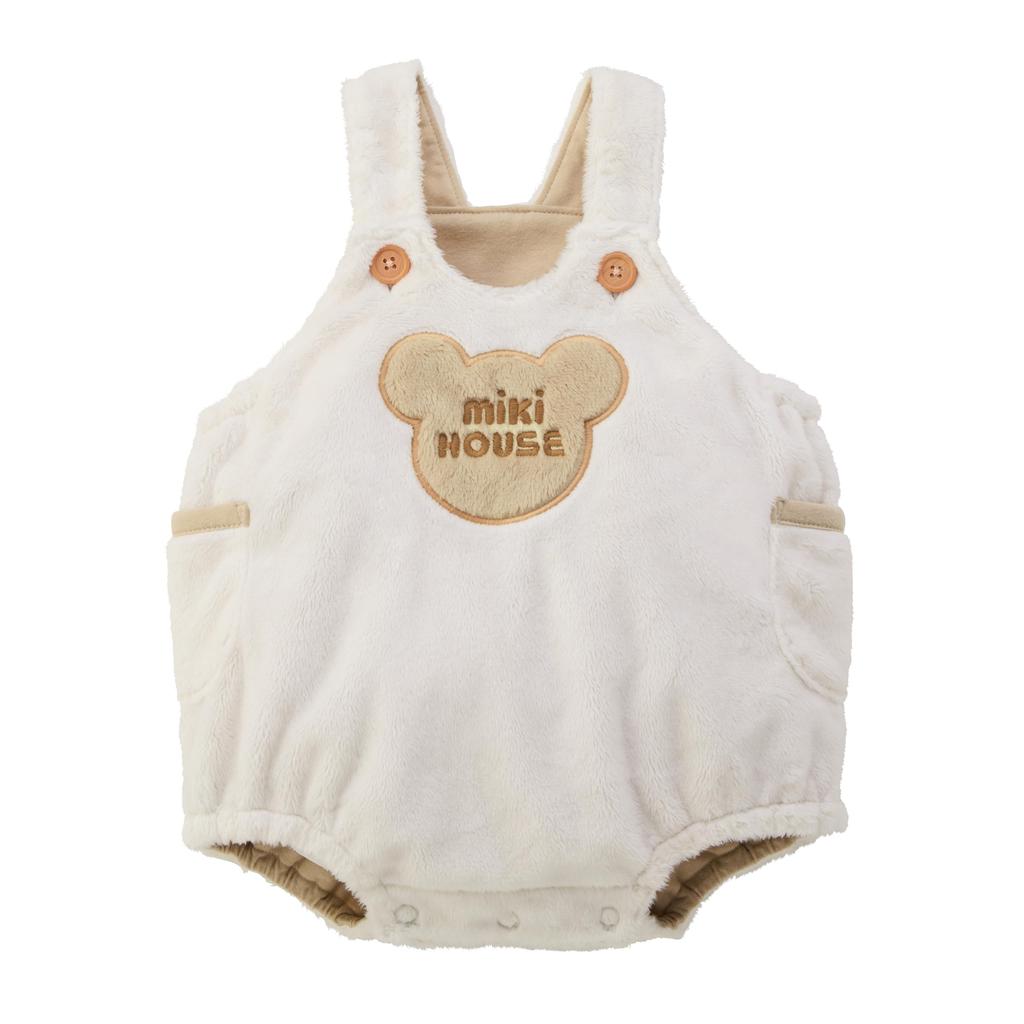 MIKIHOUSE 43-1501-794 Microfur Baby Romper M White Logo Print Warm Winter Bodysuit 80-90cm Boys Girls Kids Clothing Snap Closure Adjustable Straps