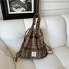 11 College woolen plaid drawstring backpack messenger bag large capacity shopping shoulder bag women