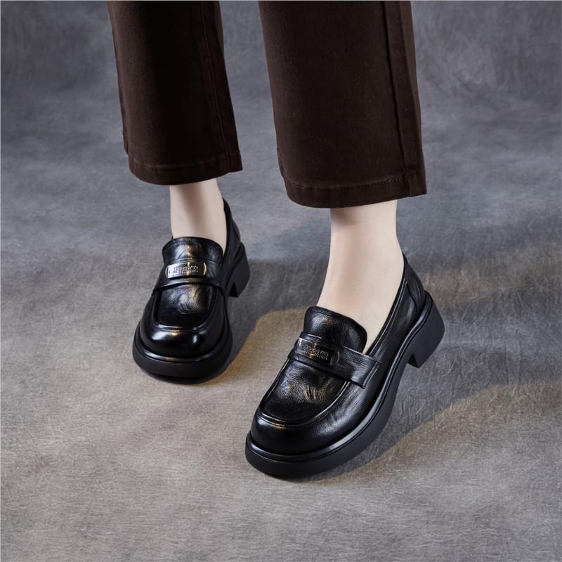 Johnature Genuine Leather Women's Shoes Soft Soled Loafers British Style Thick Soled Slip-on Shoes
