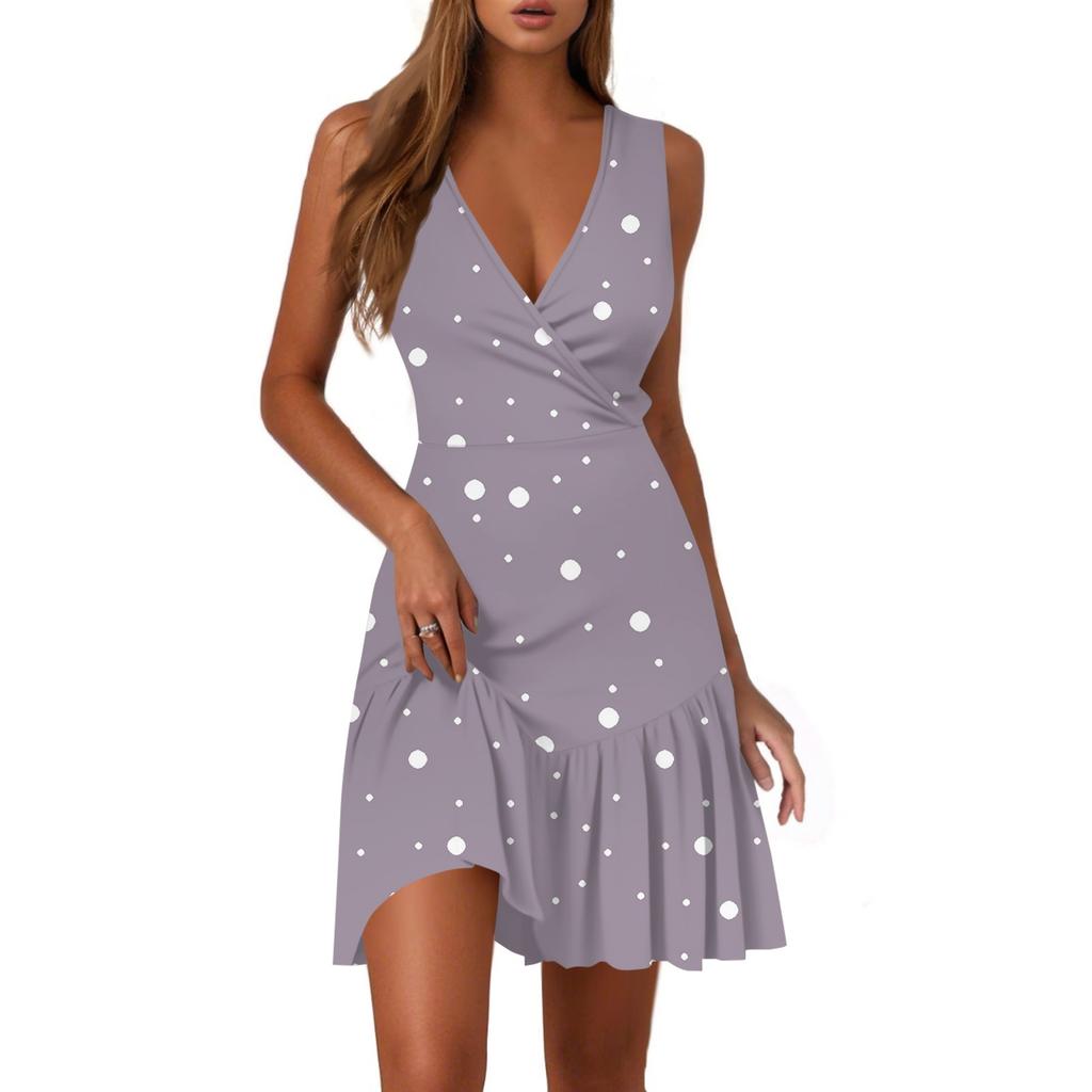Ladies Casual Fashion V-Neck Sleeveless  Print Dress