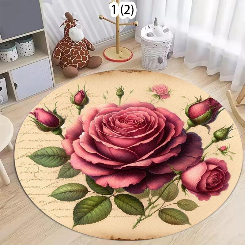 

Rose Bouquet Pattern Round Area Rug Elegant Retro Style Non-Slip Floor Mat for Living Rooms Home Decor Areas 80cm x 80cm