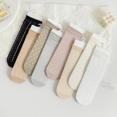5/10 Pairs Comfortable Casual Spring Summer Solid Color Rolled Hem Pile Socks for Women Cute Mid Calf Socks Mesh Breathable Cotton Socks