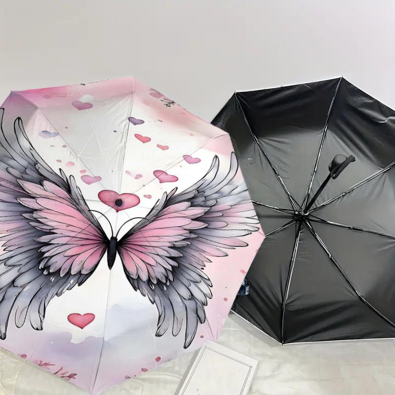 1pc Wings Hearts Automatic Open/Close Umbrella Compact Folding Umbrella with 8-Rib Shaft for Women/Men, Elegant Birthday1190S