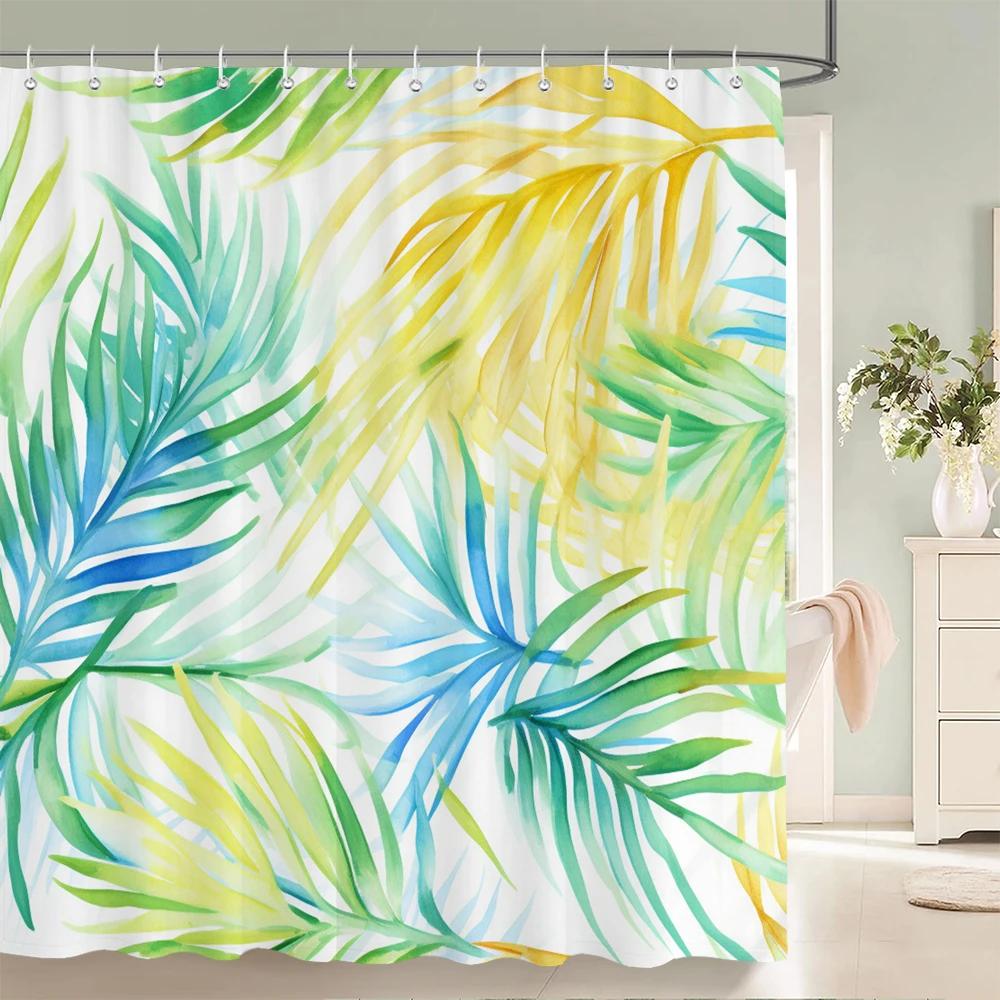 1Pcs Watercolor flower and plant leaves printed fabric waterproof shower curtain, home decoration bathroom curtain, with hooks