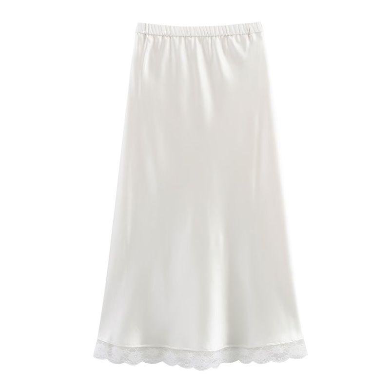 Kaslead New Women clothes Western Style Fashion Acetate Satin Lace Elastic Waist Skirt Long dress