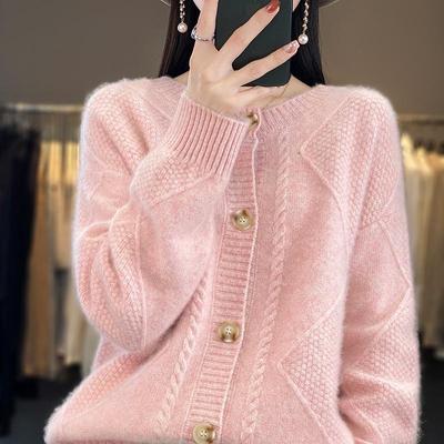 Women's 100% Pure Wool Diamond Twisted Knit Cardigan - Autumn Collection