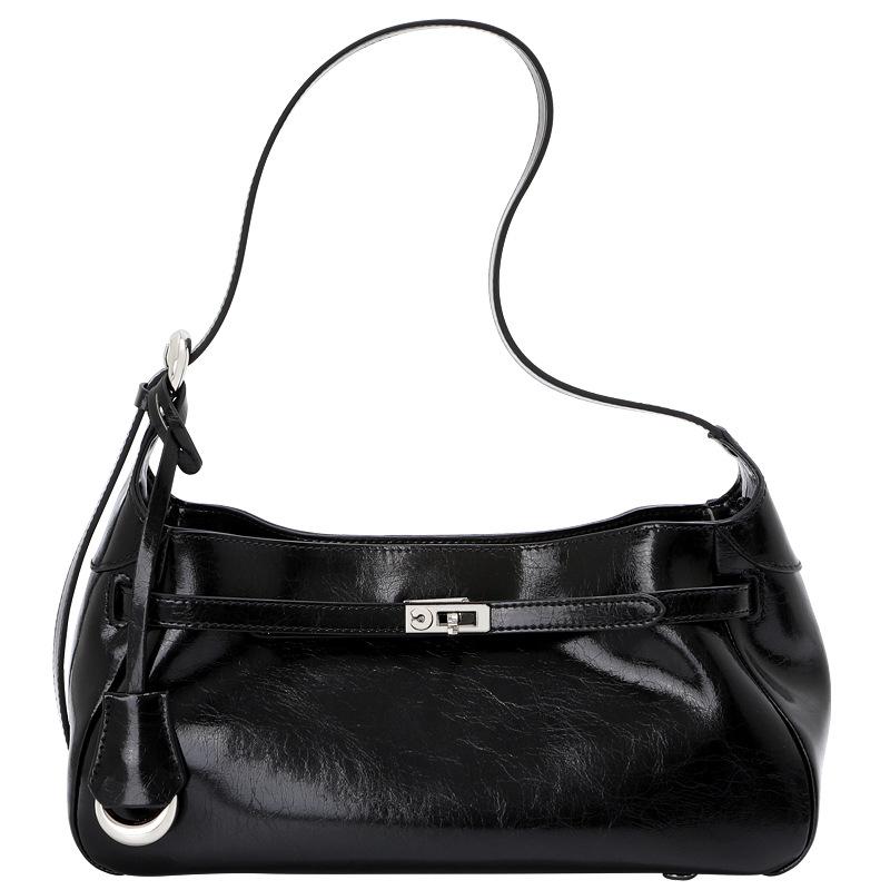 Large Capacity Tote Bag Cowhide Niche Design Leather Underarm Bag Women's Black Commuter Shoulder Messenger Bag