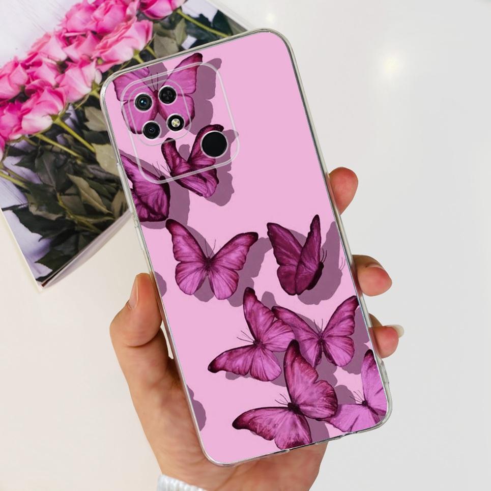For Cover Xiaomi Redmi 10 10A 10C 2022 Phone Case Butterfly Flower Colorful Girly Funda Transparent Soft TPU Silicone Back Cover